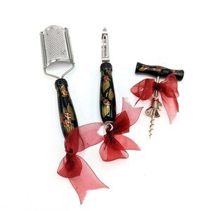 Vintage Hand Painted in Italy Hardwood Wooden Kitchen Utensil Set Wine Cheese